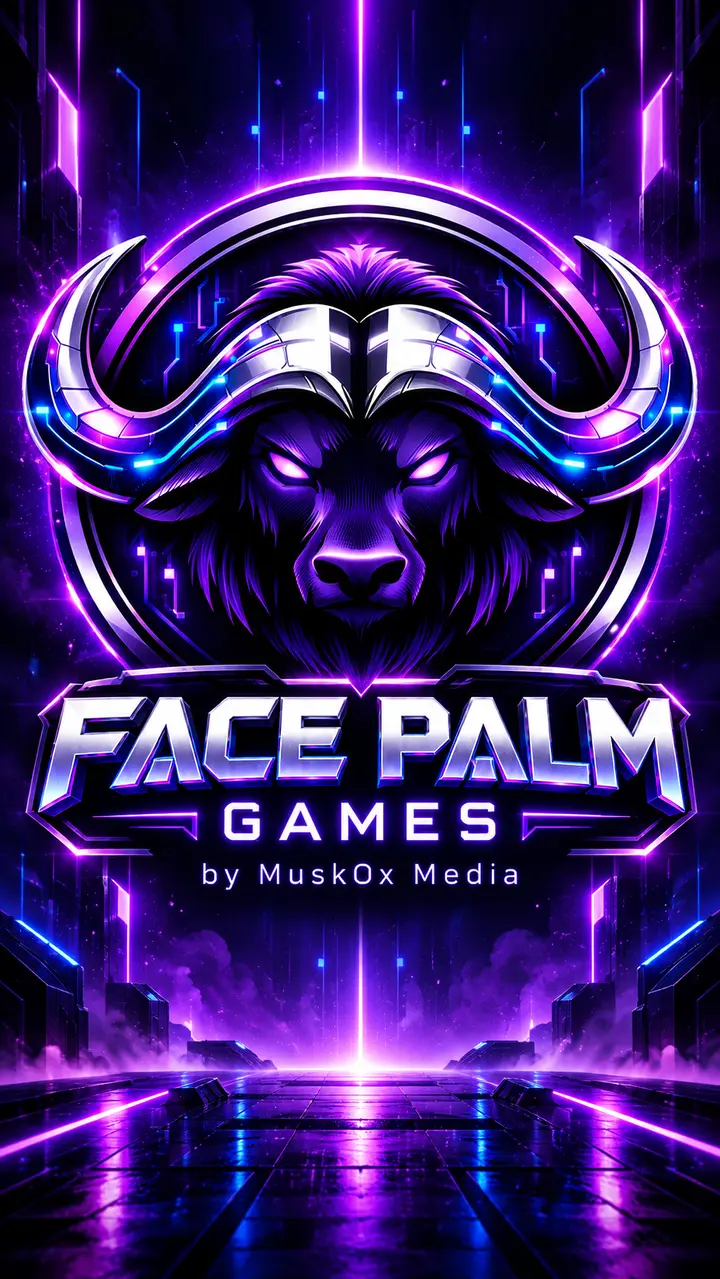 Face Palm Games by MuskOx Media logo: a neon purple musk ox with chrome horns